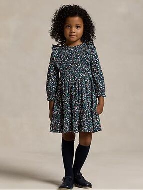 Ralph Lauren Girls Navy Floral Smock Dress with Multicolor Blooms Size 6